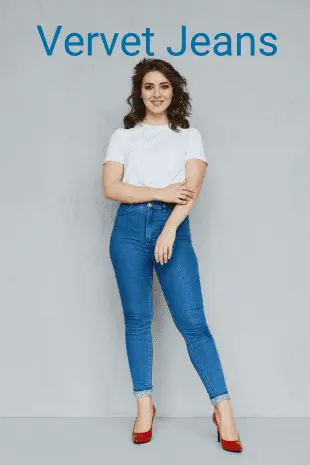 Vervet Jeans brand style featuring a woman in high-waisted skinny jeans paired with a white t-shirt and red heels.