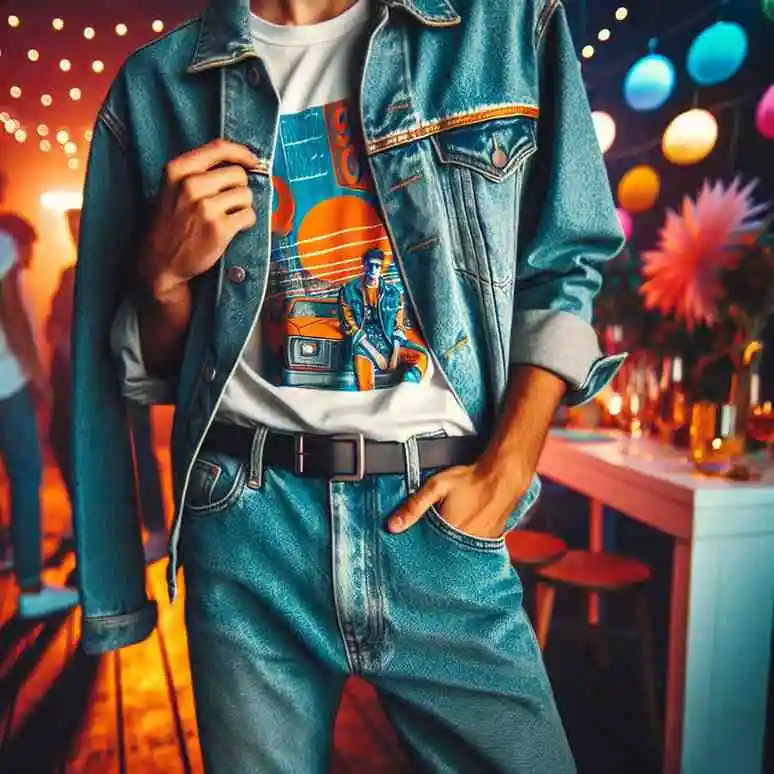 "Creative denim outfit for a themed party: Tips on dressing up jeans with thematic accessories, stylish tops, and standout shoes to match your event's theme while maintaining a comfortable and fashionable look."