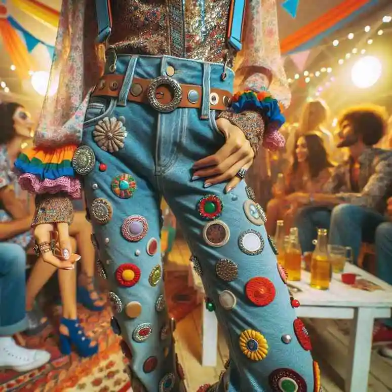 A vibrant, party-ready look featuring embellished jeans with colorful, intricate designs, paired with a sparkling top and playful accessories. The setting captures a lively party atmosphere, showcasing how jeans can be styled for a chic and fun party dress outfit.