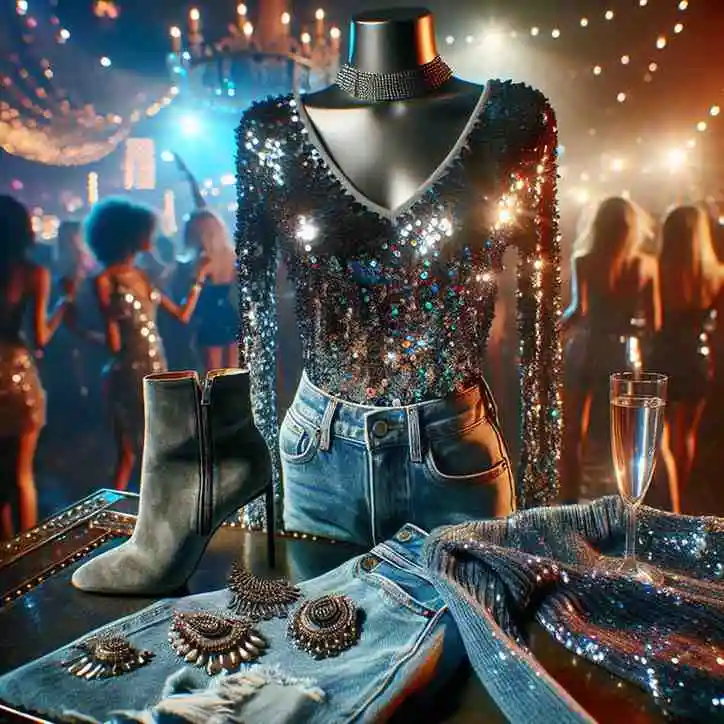 "A chic party outfit featuring a sequined top paired with classic blue jeans, accessorized with ankle boots and statement jewelry, set against a vibrant party backdrop. This look highlights how to dress up jeans for a casual yet stylish party ensemble."