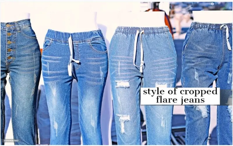 Various styles of cropped flare jeans with trendy cuts and distressed details, perfect for casual and chic outfits.