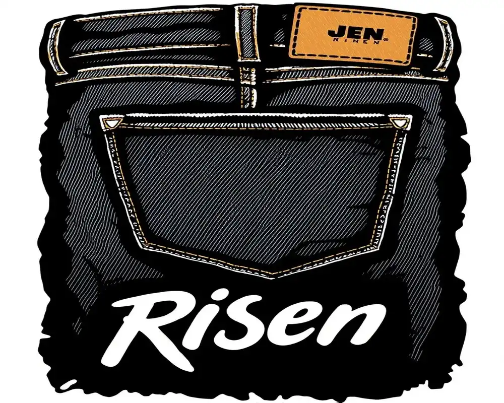 Close-up of Risen Jeans back pocket featuring signature stitching and brand label, showcasing the quality and style of the Risen denim collection.