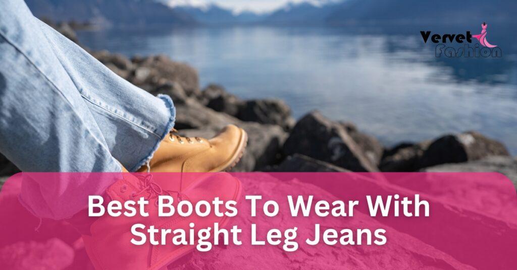 Front and back view of blue straight-leg jeans paired with black leather knee-high boots featuring buckle details, showcasing a stylish casual outfit.